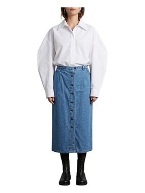 Vintage 90s cotton denim button front minimalist straight jean midi skirt 10
